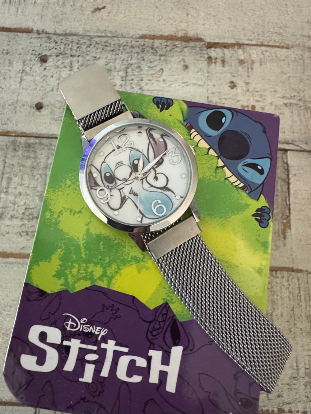 New Never Worn Disney Stitch Stainless Silver Mesh Watch with Blue Accent Dial